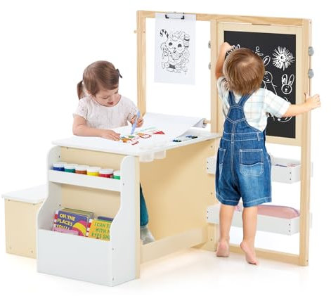 DREAMADE 3 in 1 Kindersitzgruppe, Höhenverstellbares Tisch Stuhl Set Mit Strauraum, Papierrolle, Ablagefächer & Bücherregal, Staffelei Maltisch Set für Kinder Ab 3 Jahren (Weiß)