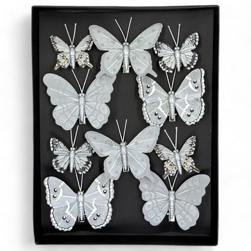 MIJOMA Deko-Schmetterlinge mit Clip, farbenfrohe Schmetterlinge für Festliche Dekoration, vielseitig einsetzbar für Floristik, Hochzeit, Weihnachten und Bastelarbeiten (Grau, 10 Stück)