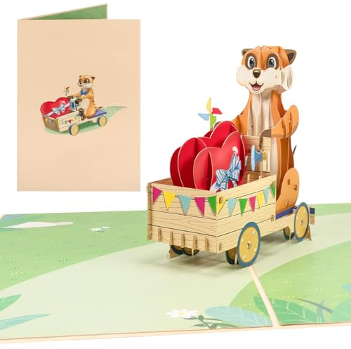 Sweetpopup® Pop Up Karte Erdmännchen mit Herz – 3D Geburtstagskarte für Freundschaft & Liebe – Glückwunschkarte zum Valentinstag, Muttertag, Vatertag, Jahrestag – Tierkarte für Lieblingsmenschen, 055
