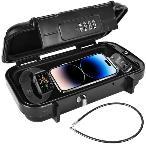 Tragbarer Tresor, Wasserdicht Sicherheitsbox Outdoor mit 4 Stellig Kombination Zahlencode & Abnehmbarem Drahtseil Geeignet für Reisen Strand Camping Büro Auto Bewahren Sie Wertsachen sicher auf