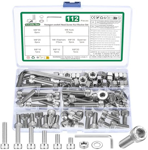112 Pz Set di Viti M8, Viti Bulloni e Dadi Kit, Bulloni Viti a Testa Cilindrica con Esagono Incassato e Dadi e Rondelle Set, Viti Bulloni a Testa Esagonale e Dadi, DIN912 Viti a Brugola(Argento)