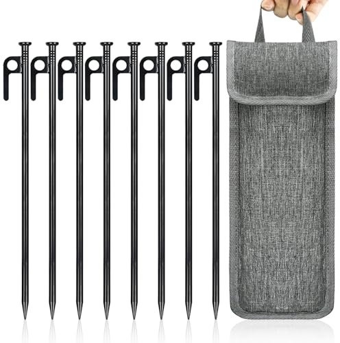 Gemtte Zeltheringe, 8 PCS 30cm Zelt Heringe Erdnägel, Lange und Stabil Stahl Erdnägel für Camping, Sturmsicher Zeltstangen mit Haken und Loch für Garten, Camping, Angeln und Zelten