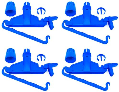 Tradineur - Pack de 4 pinzas de plástico para fregona industrial, aptas para mangos de hasta 2,5 cm de diámetro, limpieza del hogar, negocios (Azul - 12,5 x 17,5 x 4 cm)