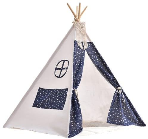 Tienda de campaña Tipi para niños con diseño de Estrellas, con Cortina y tragaluz, de 80 x 80 x 109 cm, de Lino y algodón, con borlas para Interior.