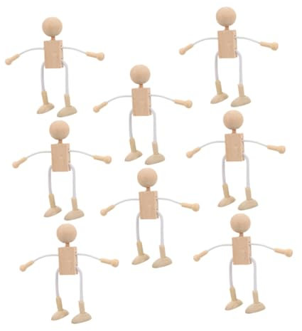 Veemoon 8 Stücke Holz Figur Kleine Peg Puppe Unfinished Körper Kit Form Roboter Marionette Puppet Beige