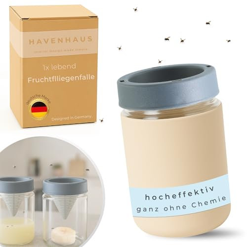 HAVENHAUS Fruchtfliegenfalle beige wiederverwendbar | Obstfliegenfalle für Küche | Fruchtfliegen dauerhaft loswerden | Fruit Fly Trap | Lebendfalle Fliegenfalle gegen Fruchtfliegen