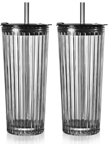 Puraville 2 Pack 550ml 18oz Glass Cups with Lids and Straws, Vintage Ribbed Striped Thickened Glassware for Whiskey Cocktail Beer, Mason Jar Drinking Glasses Tumbler Iced Coffee Cup, Black