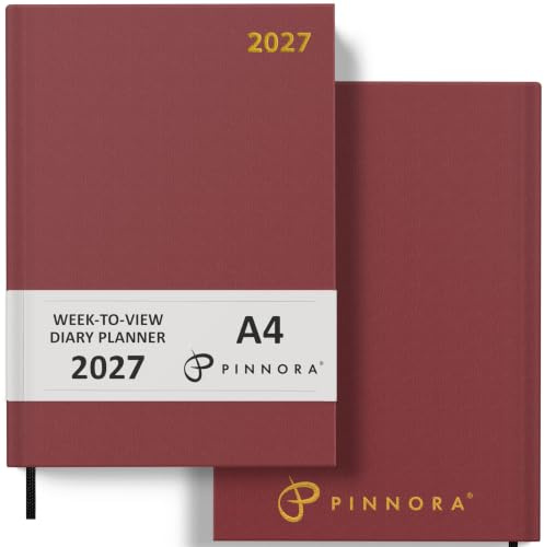 Pinnora 2026 Diary A4 Week to View, Burgundy Year Planner Organiser 2026 Week To View, 2026 Planner, Home, School & Office, Hard Back 2026 Diaries, A5 & A4 2026 Diary in Day Per Page & Week To View
