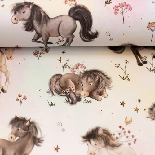 Baumwollstoff mit Pferden & Einhörnern - 5 Designs - 100% Baumwolle – Meterware ab 50 cm - Baumwollwebware (Pferde & Blumen, weiß-rosa-gelb)