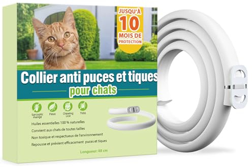 Collier Anti-puces pour Chat (48cm), Sûr Et Efficace Collier Anti Tique Chat, Fabriqué avec des Huiles Essentielles Naturelles, Adapté Aux Petits, Moyens Et Grands Chats, Efficace Pendant 10 Mois