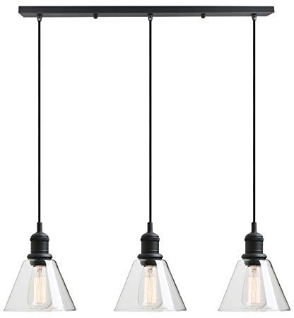 Yosoan Lighting Industrial Vintage Chandelier Loft Bar Black 3 Way Pendant Light Fitting Glass Shade,Hanging Cluster Ceiling 3 Light Fixture for Kitchen Dining Room Living Room Restaurant (Black)