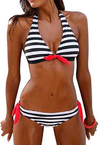 Tuopuda Costumi da Bagno Donna Bikini Push Up Imbottito Halter Top Reggiseno con Slip Brasiliana Beachwear, Nero, M