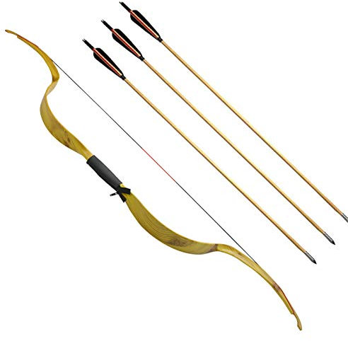 MILAEM Traditioneller Langbogen 20lbs für Links- und Rechtshänder (Gelb+ 3pcs Holzpfeil, 28 inches, 20 pounds, Bogenschnur installiert, 125cm/49, Bogenschießen, Jagd, Wettbewerb, Training)
