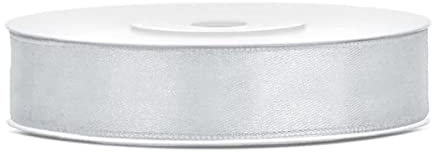 Satinband Schleifenband Satin Band Geschenkband Dekoband Stuhlband Hochzeit Stuhlschärpe Tischdeko Eröffnung Weihnachtsdeko Partydeko Band Schleife (12mm x 25m, Silber)