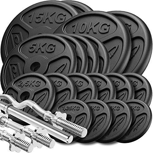 Marbo Sport Slim Guss Hantelset mit Langhantelstange 198cm ø30mm, SZ-Stange 120cm ø30mm, Kurzhantelstangen 40cm ø30mm und Gewichten, 1x Langhantelstange, 1x Curlstange, 2x Kurzhantel | Set 83kg / 113kg / 173kg zur Auswahl | Made in EU