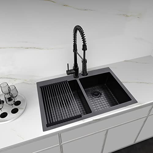 Zeesink Black Kitchen Sink,Drop in 33 X 22 inch 16 Gauge Stainless Steel Double Bowl Kitchen Sink
