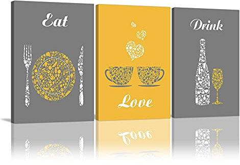 Yellow and Grey Modern Kitchen and Dining Room Wall Art Decor Abstract EAT DRINK LOVE Theme Canvas Prints for Coffee Bar Restaurant Cafe or Home Decoration Pictures Framed Ready to Hang, Set of 3