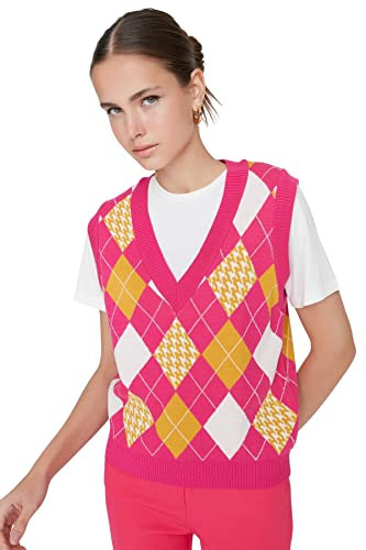 Trendyol Woman Ordinaire Basique Col en V Tissage Pull-Over, Fuchsia, S