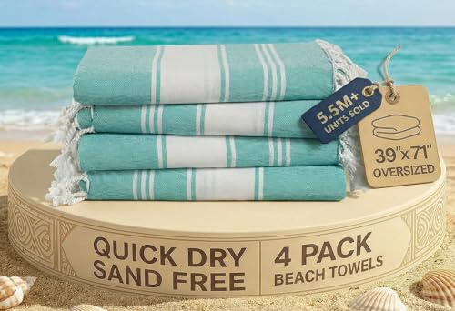 LANE LINEN Oversized Beach Towel - Cotton Rich Beach Towels 4 Pack, Pre-Washed Pool Towel, Extra Large Beach Towel, Quick dry & Sand Free, Lightweight Travel Towel, 39x71 - Hunter Green