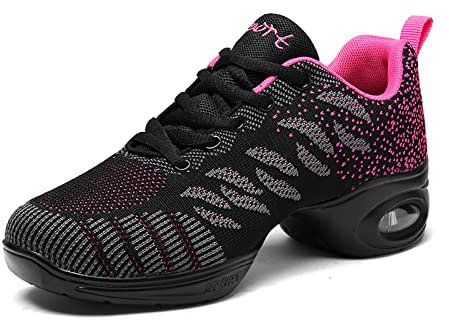Chaussures de Sport Jazz pour Femmes Fille Baskets de Danse Semelles Divisées Moderne Dance Chaussures Fitness Chaussures D'entraînement Noir/Rose 37