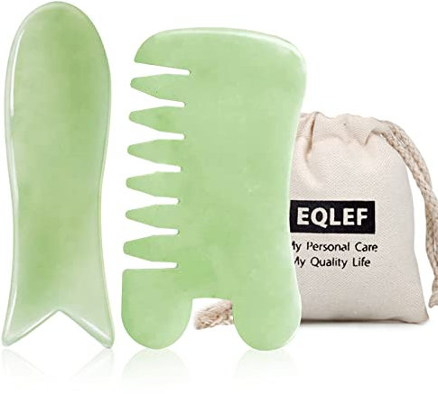 EQLEF Jade Guasha Stein Tool 2-Pcs Natürliche Jade Guasha Board handgemachte fischförmige Guasha Schaber und Guasha Kamm Werkzeuge für SPA Trigger Point Nachricht auf Gesicht Arm Fuß