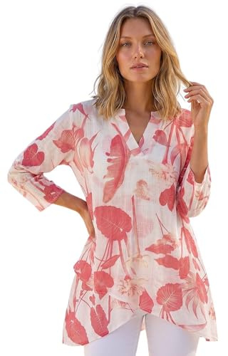 Roman Originals Floral Print Tunic Top for Women UK Ladies Casual Shirt Smart Blouse Asymmetric Wrap Hem Summer Holiday Party Cruise 3/4 Sleeve Longline Oversized