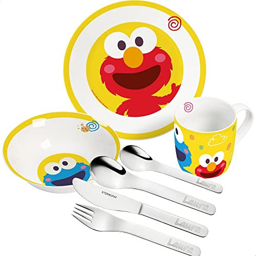 Sterngraf Kinderset Sesamstraße 7tlg. mit Gravur (z.B. Namen) personalisiertes Kinderbesteck + Kindergeschirr (Teller, Schale, Tasse) Krümelmonster und Elmo