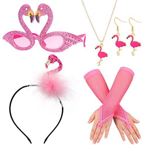 HOWAF Flamingo Kostüm Damen, Flamingo Haarreif Flamingo Hut Hawaii Haarschmuck Flamingo Brille Handschuhe Flamingo Halskette Flamingo Ohrringe für Hawaii Kostüm Flamingo Party Karneval Fasching Kostüm