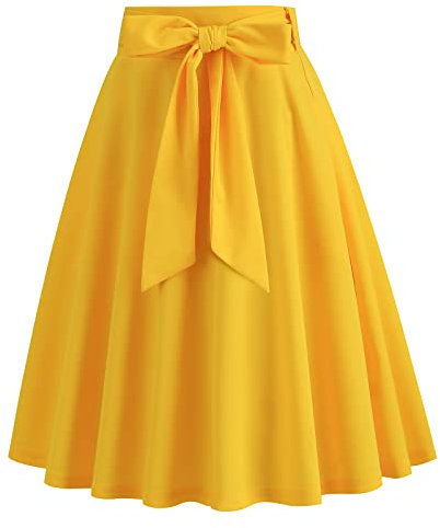 Damen Vintage Swing Rock 1950er Jahre Faltenrock Einfarbig A-Linie Knielänge Rockabilly Midirock Sommer Skater Röcke mit Gürtel und Pocket Gelb-Bowknot S