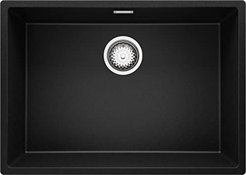 PRIMAGRAN Lavello da Cucina Nero 66x47cm, Lavandino in Granito a 1 vasca + Sifone Classico, Lavabo Incasso al mobile 70cm - London Slim S223