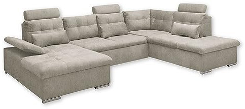 Stella Trading Medan Wohnlandschaft in U-Form, Stoffbezug Stone - Ausziehbares Sofa mit Schlaffunktion und Bettkasten - 324 x 107 x 170 (218) cm (B/H/T)