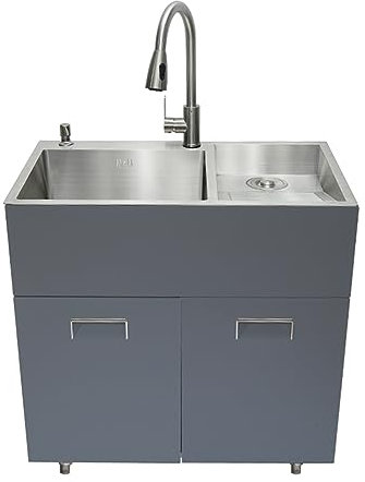 TRGCJGH Edelstahl Waschbecken, Waschbecken mit Unterschrank Waschküche Pool, Doppelwaschbecken für Badezimmer Waschküche Waschküche Handwaschstation(80x48cm/31.4x18.8in,Right washboard)