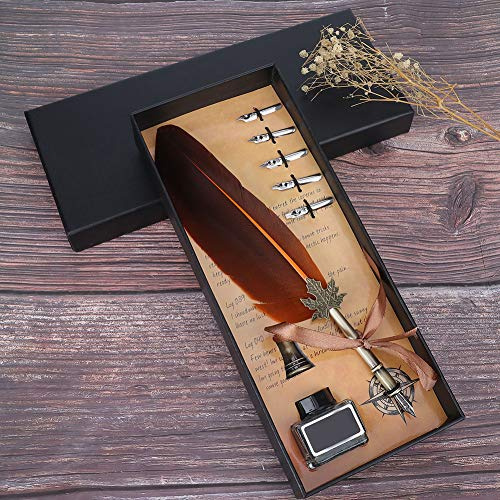 Tbest Plume Calligraphie Vintage avec Coffret Cadeau Orange, Stylo Plume Ancienne à Pointe Acier Inoxydable, Plume d'Écriture Encre pour Calligraphie Dessin Écriture Décoration