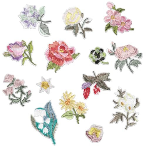 14 Stück Blumen Patches zum Aufbügeln, Flicken zum Aufbügeln, Patches Klett, Aufnäher zum Aufbügeln, Bestickte Aufnäher, Bügelbilder für Hosen, Hut, Jeans, Jacken Rucksäcke, DIY-Zubehör