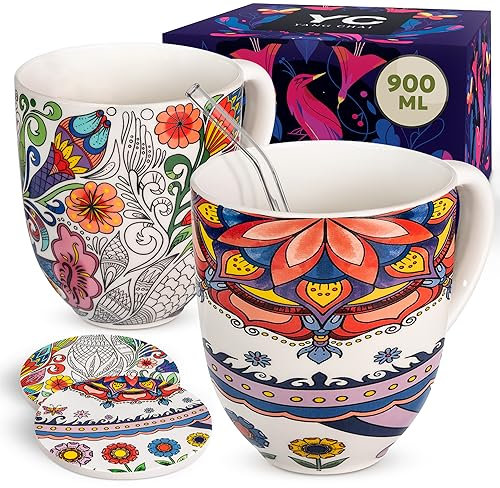 YC YANG CHAI Jumbotassen 900ml - 2er Set - Teetassen Set aus Knochen porzellan - XXL Tassen Geschenkset mit Untersetzer - Kaffeebecher Geschenkidee - Jumbobecher YC Tranquility + YC Nature (2er Pack)