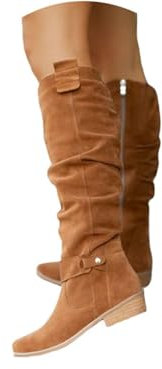 EGSDMNVSQ Stivali al Ginocchio Donna Stivali Lunghi in Pelle Scamosciata Caldi Stivali da Cowboy al Ginocchio Stivali Invernali con Cerniera Stivali con Tacco Largo e Stivali Western con Tacco Basso