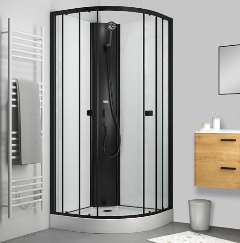 Marwell Dusche Komplettdusche Prime Style - Duschkabine Schwarz/Weiß 85x85x198 - Fertigdusche inkl. Duschwanne und Armatur – Dusche mit Aluminiumrahmen – Glasdusche Modernes Design