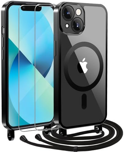 Opkiegrn Handykette Handyhülle Kompatibel mit iPhone 13 Hülle mit Magsafe und Band +2 Stück Schutzfolie, Magnetische Silikon Transparent TPU Stoßfest Schutzhülle Kompatibel mit iPhone 13 Schwarz