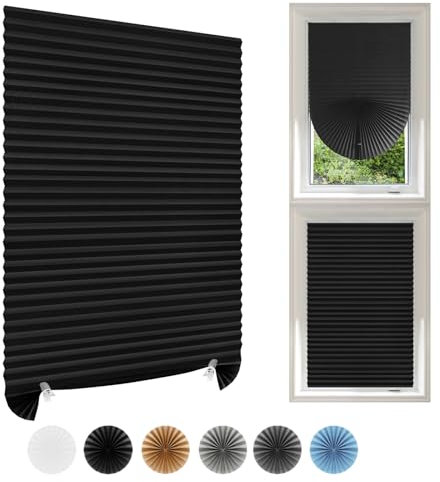 Temporary Blinds Stick On Cut to Size Non-woven Fabric No Drill Self Adhesive Pleated Paper Window Shades for Bedroom Kitchen Bathroom Windows Patio French Doors (1, Black/Silver, WxH 60x150cm)