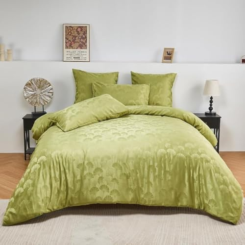 DXHOME Bettwäsche 135x200 cm Grün Olivgrün Seide Satin Ginkgo Muster Pflanzen Bettbezug Set Weiche Microfaser Wendebettwäsche Bettbezug mit Reißverschluss + 1 Kissenbezug 80x80 cm