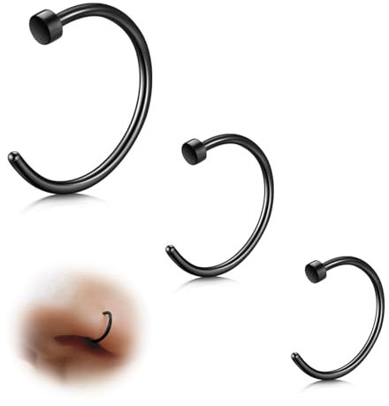ESHIONER G23 Titan Nasenpiercing Nasenring Septum Fake Nasen Piercing Hoop Set Knorpel Dünn Klein Helix Hypoallergen 18G 20G 6MM/8MM/10MM Schwarz 3PCS Nase Schmuck Damen