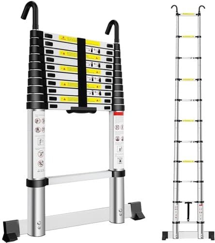Exleiter Extendable Telescopic Ladder 3.2M, Aluminium Telescoping Ladder with Detachable Hooks and Stabiliser Bar, Adjustable Height Portable Sturdy Loft Ladder Secure Climbing for Home