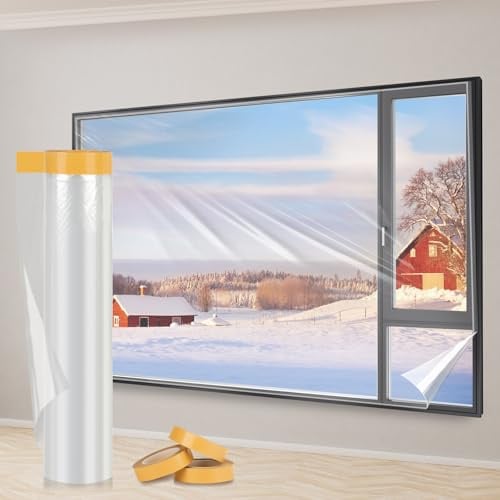 Yotache Fenster Isolierfolie 2,4m x 10m, 2 cm breites Doppelklebeband | Thermofolie Fenster Gegen Kälte, Transparente Isolierfolie zur Wärmedämmung an Fenstern