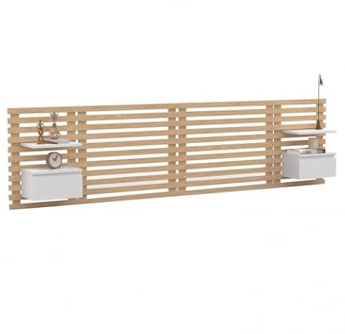 IDMarket - Tête de lit Suspendue en Lattes AVA 240 cm avec chevets + tiroir façon Bois Clair et Blanc