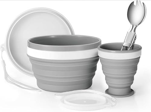 Wennala Set Stoviglie Pieghevoli da Campeggio - Ciotola, Bicchiere da Viaggio, Cucchiaio Insalata in Acciaio Inox - per Picnic, Escursioni, Viaggi