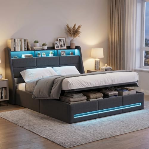 BPKADHY Polsterbett 140x200 cm, LED Doppelbett mit Stauraum und Lattenrost, Kopfteil mit Staufach & USB-Ladefunktion,Hydraulisch Stauraumbett Funktionsbett Jugendbett Bettgestell,Leinen,Grau