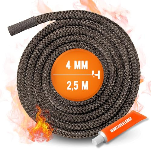 Ofendichtschnur | 2,5 m Länge | Ø 4 mm | Dichtung für Kamin-, Ofen- & Heizkesseltüren | Set inkl. Hochtemperaturkleber & Verbindungsmanschette | Schornstein-Abdichtung Reparaturset