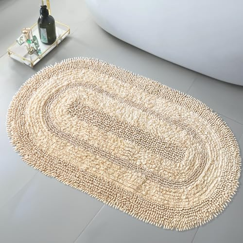 Bonny Home Oval Baumwoll-Badematte | Badezimmerteppich, Badteppich | Weiche Bad- und Duschvorleger | Für Bad, Dusche und Toilette, Maschinenwaschbar Badvorleger Macoroni Beige (60x100 cm)
