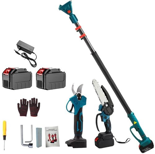 Forbici potatura elettriche Telescopiche, Motosega a Batteria 6 Pollici incluso, Kit cesoie e Motosega con asta telescopica professionali per Potatura Giardino Rami (con asta di prolunga)