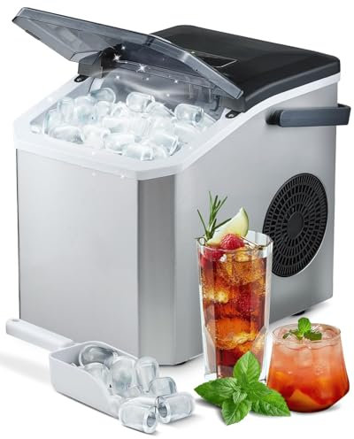 Eiswürfelmaschine mit tragbarem Griff 2025, 15 kg in 24 Stunden, 8 Eiswürfel in 6-8 Minuten, Gerauscharmer Betrieb, Selbstreinigende Kleine Eiswürfelmaschinen mit Schaufel u. Korb für Zuhause, Büro